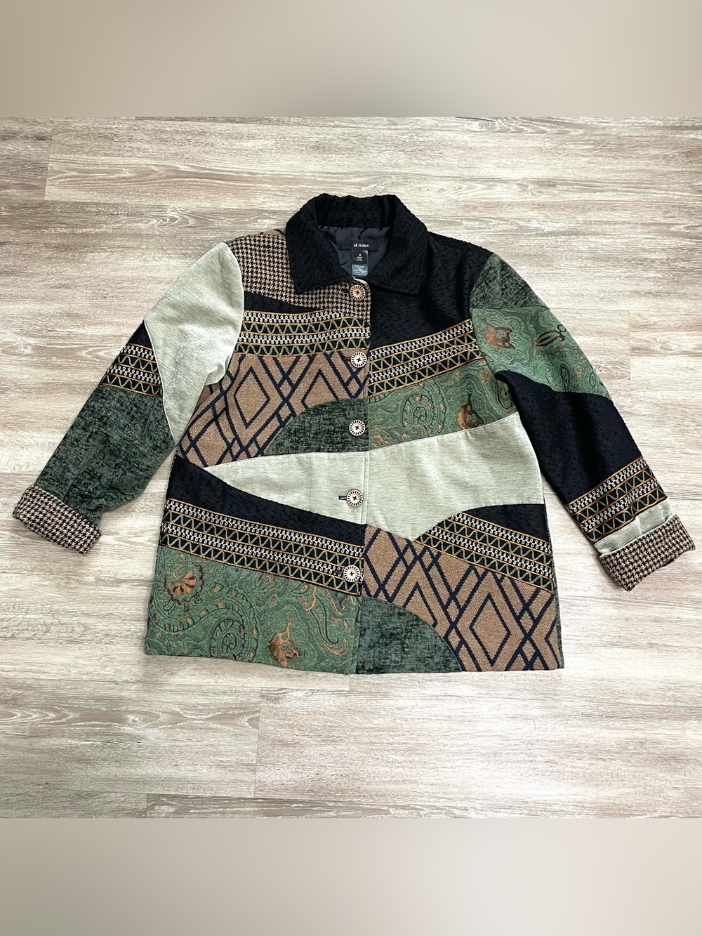 Ali Miles Jacket Green/black Patchwork Button Front Blazer Art To Wear Boho Sz M